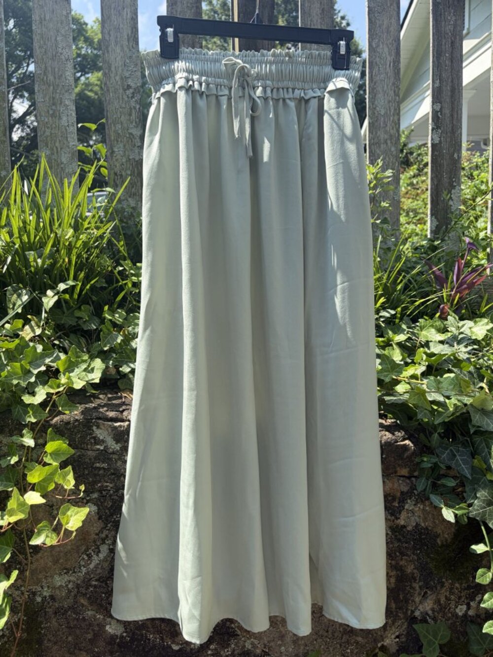 MissJoy Light Sage Green Satin Maxi Skirt Medium Elastic Waist Summer Beach NEW